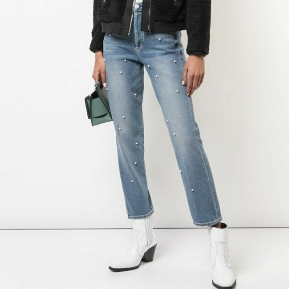 Mcguire Mrs Robinson Oh You Fancy Pearl Embellished Straight Leg Jeans - Picture 1 of 13